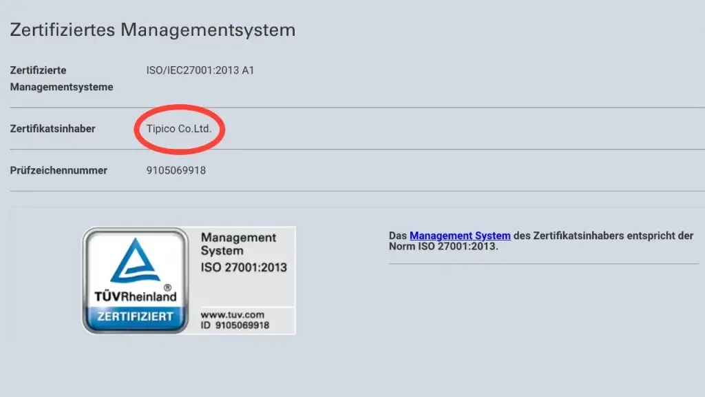 TÜV-Zertifikat von Tipico