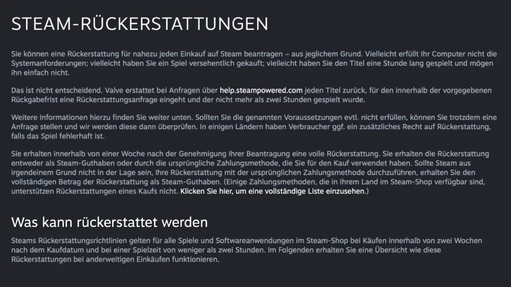 Steam Rückgaberichtlinien